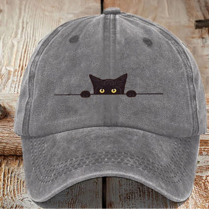Beaira Cute cat printed baseball cap, washed and worn, men's and women's duckbill cap, soft top sun hat