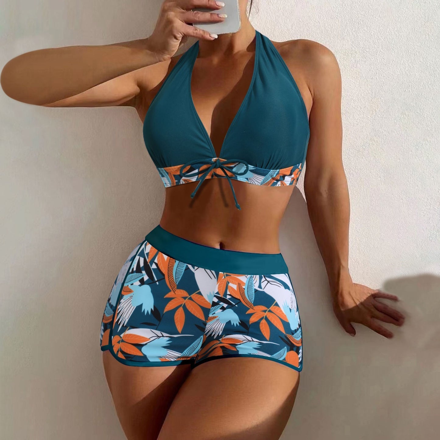 Beaira Shorts Bikinis Set High Waist Swimsuit Women Swimwear 2 Pieces Plant Print Bathers Bathing Swim Suit Beachwear