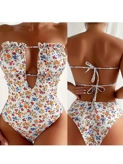 Beaira Women s Floral Print Strapless Backless Bikini Swimsuit for Summer Beach Pool Party Vacation Swimwear Bathing Suit