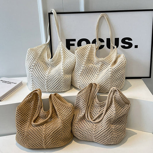 Beaira Women Hollow Summer Bag Solid Color Aesthetic Hobo Bag Large Capacity Knitted Tote Handbag Ladies Daily Handbag