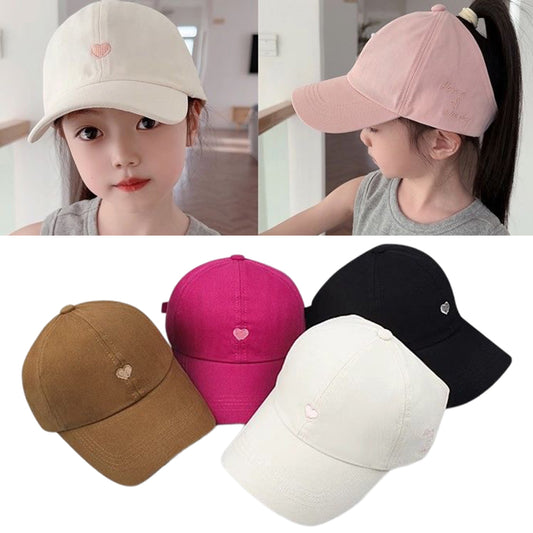 Beaira Children Girls Ponytail Baseball Caps Sun Hats Baseball Caps Adjustable Solid Color Love Heart Designs Peaked Caps Hat