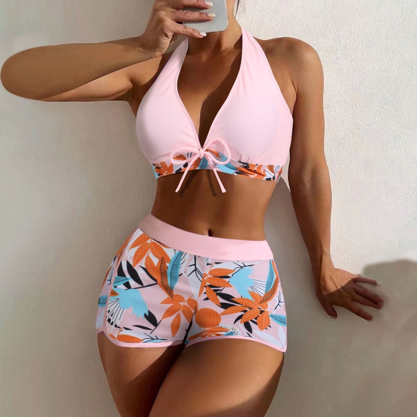 Beaira Shorts Bikinis Set High Waist Swimsuit Women Swimwear 2 Pieces Plant Print Bathers Bathing Swim Suit Beachwear