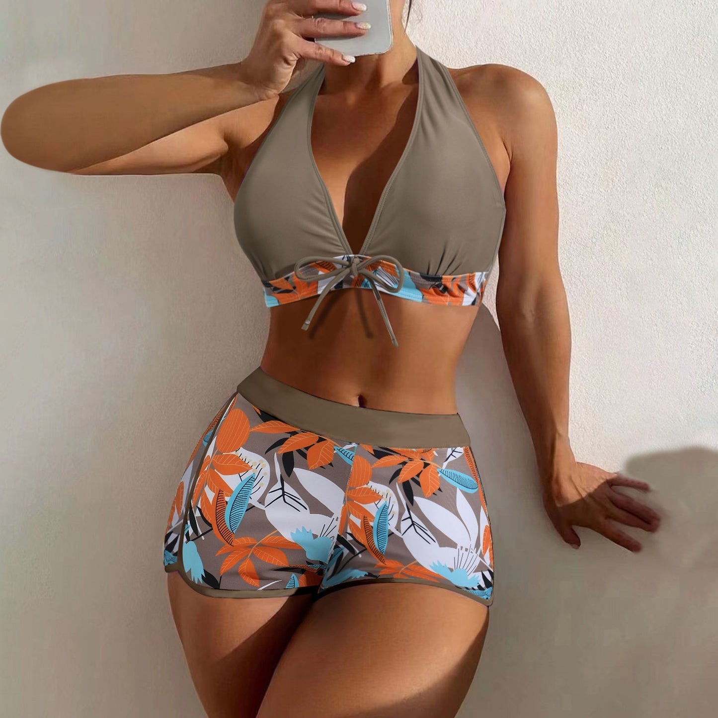 Beaira Shorts Bikinis Set High Waist Swimsuit Women Swimwear 2 Pieces Plant Print Bathers Bathing Swim Suit Beachwear