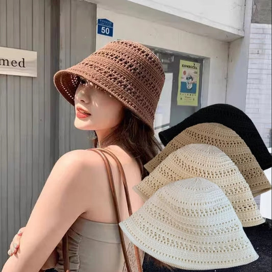 Beaira Summer Fashion Wide Brim Bucket Hat For Women Hollow Out Breathable Crochet Sun Hat Outdoor Casual Versatile Wear Panama Hat