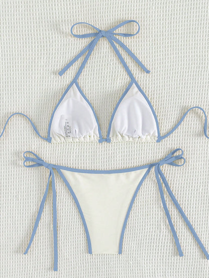 Beaira Summer white and blue color-block bow-tie pure bikini set suitable for women's beach vacation