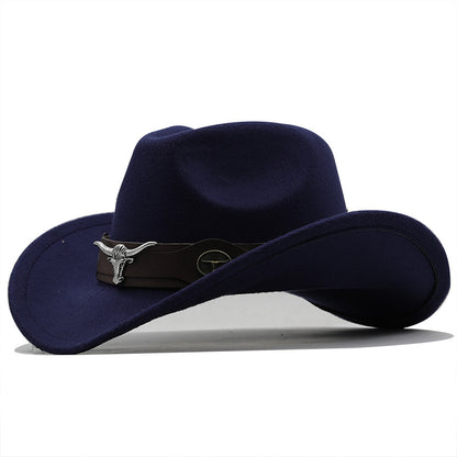 Beaira Western Cowboy Hat 4 Sizes Black Woolen Jazz Top Hat Men Ethnic Style Cow Head Ribbon Felt Cap Women Children Riding Fedora Hat