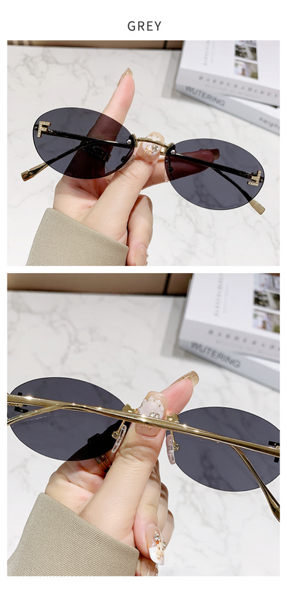 Beaira Fashion Retro Oval Rimless Sunglasses for Women Elegant Diamond Oval Sunglasses Male Letter "F" Rimless Sunglasses Female