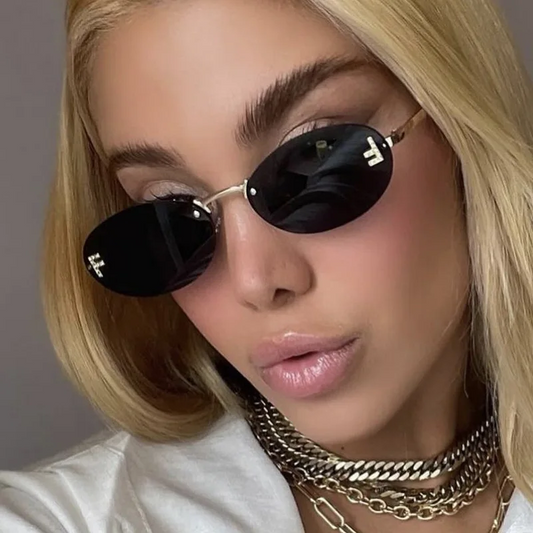 Beaira Fashion Retro Oval Rimless Sunglasses for Women Elegant Diamond Oval Sunglasses Male Letter "F" Rimless Sunglasses Female
