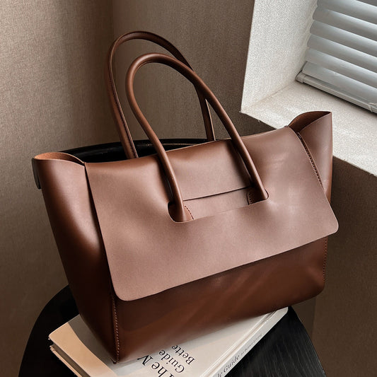 Beaira Women Simple Shopping Bag Large Capacity PU Leather Vintage Shoulder Bag Solid Color Fashion Tote Handbag Retro Messenger Bag