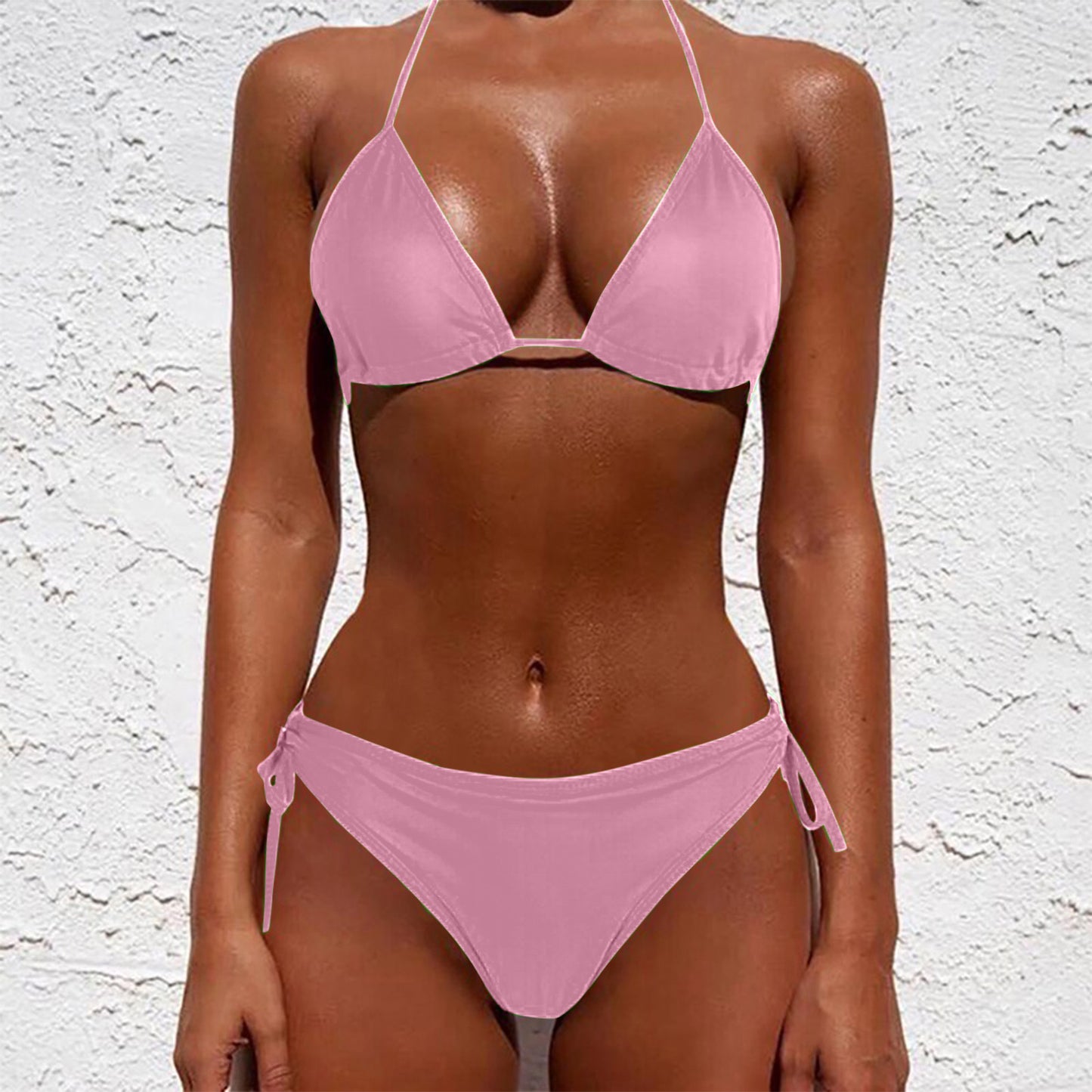 Beaira 2 Pcs/Set Bikini Set Sexy Bikinis New Solid Color Halter Neck Strap Thong Swimwear Bathing Suit Women Swimsuit Set for Beach