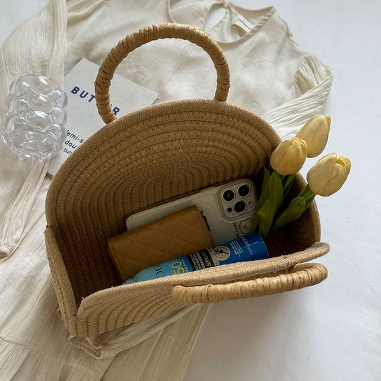 Beaira Handwoven Top Handle Bag Retro Cotton Rope Shoulder Purse Holiday Travel Handbag Vacation Bag for Women and Girls