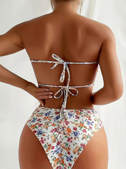 Beaira Women s Floral Print Strapless Backless Bikini Swimsuit for Summer Beach Pool Party Vacation Swimwear Bathing Suit