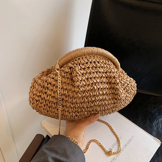 Beaira Women Straw Woven Bag Chain Strap Straw Clutch Purse Large Capacity Stylish Crossbody Bag Solid Color for Summer Beach