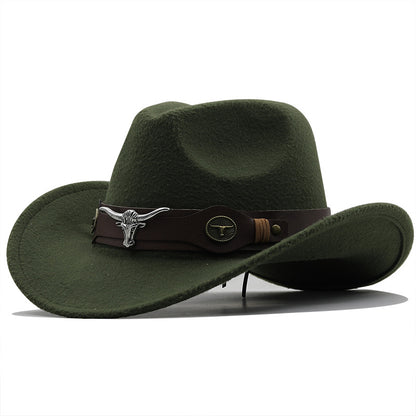 Beaira Western Cowboy Hat 4 Sizes Black Woolen Jazz Top Hat Men Ethnic Style Cow Head Ribbon Felt Cap Women Children Riding Fedora Hat