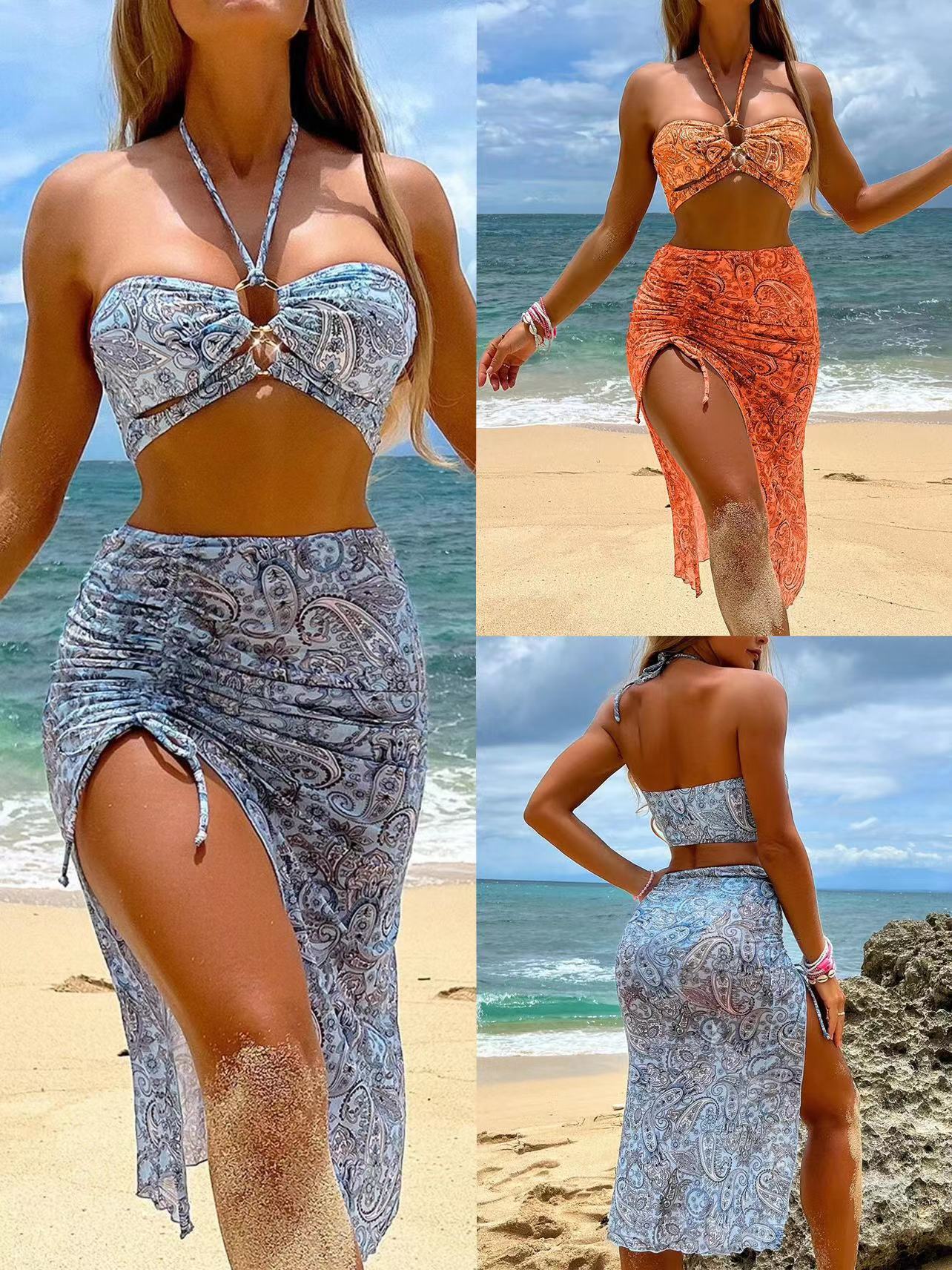 Beaira Women's Paisley Bikini Set With Skirt Sexy Bohemian Beach Dress Beachwear Two-Piece Swimsuit Cover-Up Summer Seaside Outfit