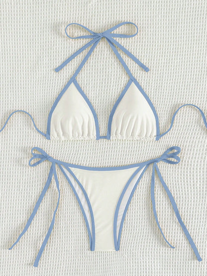 Beaira Summer white and blue color-block bow-tie pure bikini set suitable for women's beach vacation