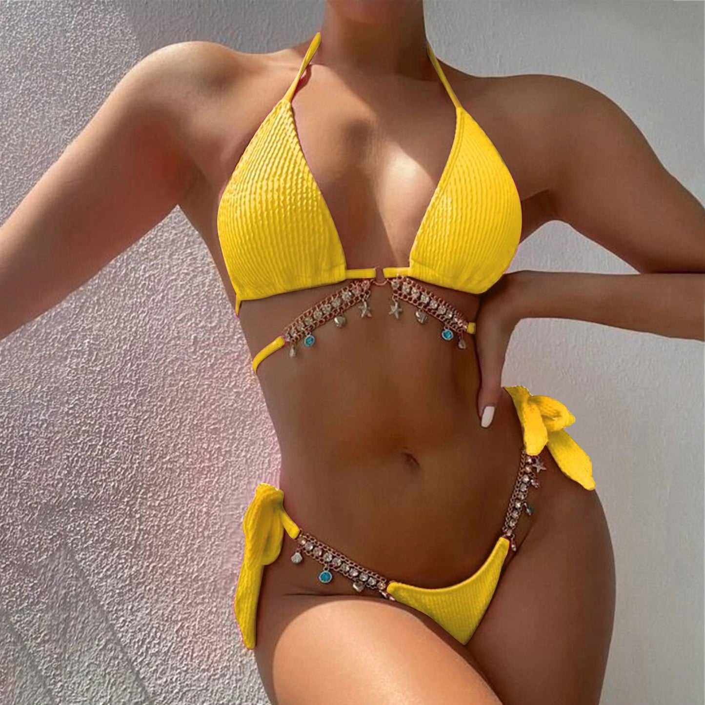 Beaira Sexy Luxury Bikini Women Crystal Rhinestones Push Up Micro Swimsuit Neon Yellow Metal Chain Diamond High Cut Thong Swimwear