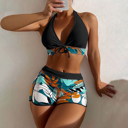 Beaira Shorts Bikinis Set High Waist Swimsuit Women Swimwear 2 Pieces Plant Print Bathers Bathing Swim Suit Beachwear