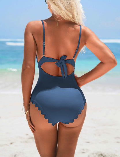 Beaira Women Fashion One-Piece Swimsuit Solid Scalloped Trim High Elastic with Removable Padded Bathing Suit Sexy Swimwear