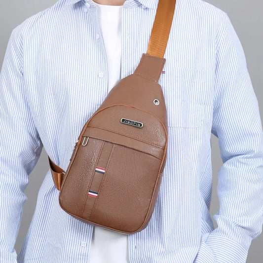 Beaira Men PU Leather Crossbody Chest Pack Retro Outdoor Sling Bag Small Crossbody Chest Bag for Outdoor Sports Travel Hiking Camping