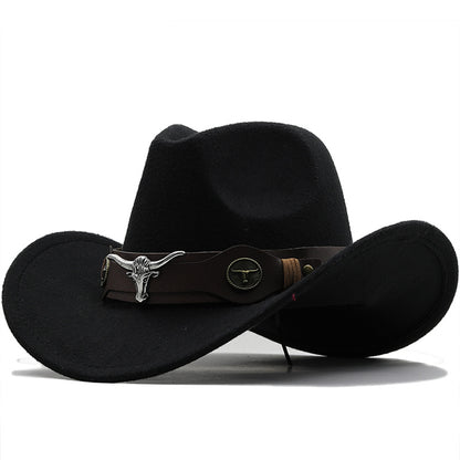 Beaira Western Cowboy Hat 4 Sizes Black Woolen Jazz Top Hat Men Ethnic Style Cow Head Ribbon Felt Cap Women Children Riding Fedora Hat