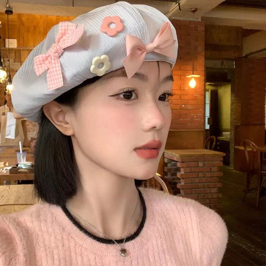 Beaira Women's Beret With Bow Flower - Japanese Cute Versatile Painter Hat, Slimming For Large Head, Dopamine Fashion Cap Gift For Her