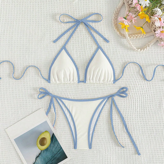 Beaira Summer white and blue color-block bow-tie pure bikini set suitable for women's beach vacation