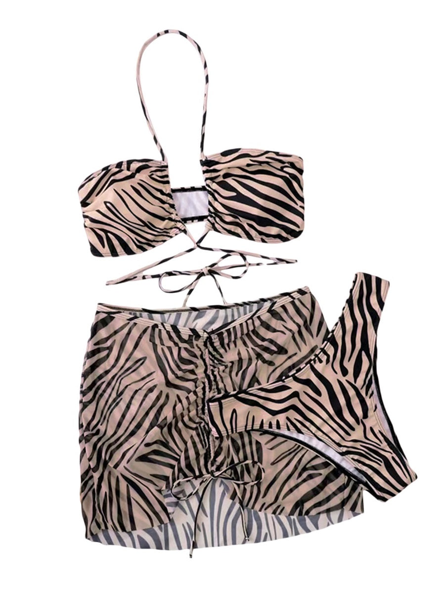 Beaira Women s Summer 3PCS Bikini Sets Sleeveless Hanging Neck Tie Up Bra Leopard Print Thong Skirt