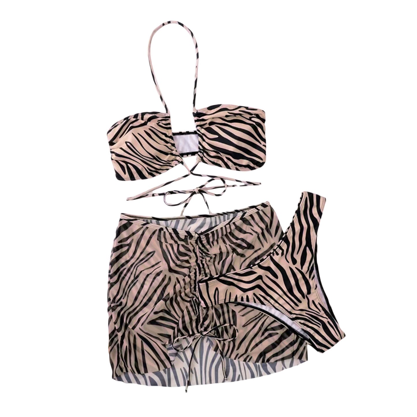 Beaira Women s Summer 3PCS Bikini Sets Sleeveless Hanging Neck Tie Up Bra Leopard Print Thong Skirt