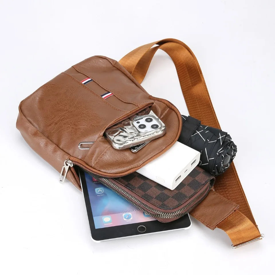 Beaira Men PU Leather Crossbody Chest Pack Retro Outdoor Sling Bag Small Crossbody Chest Bag for Outdoor Sports Travel Hiking Camping