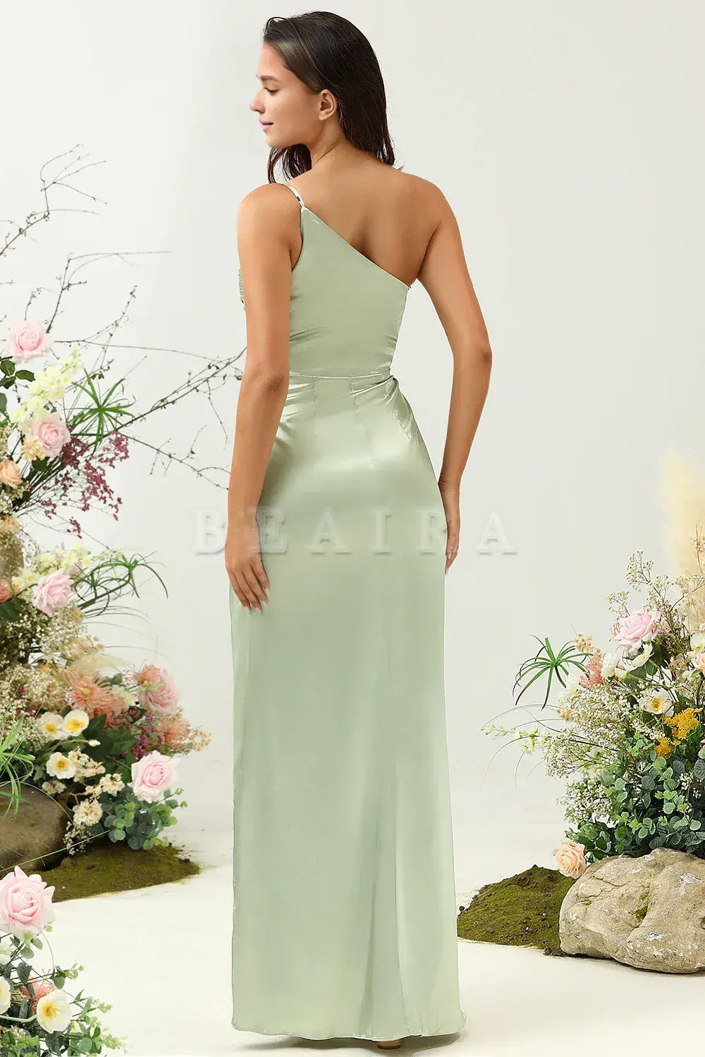 Beaira Sage A Line One Shoulder Bright Satin Bridesmaid Dress with Slit Bridesmaid dress shop