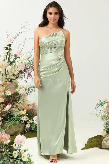 Beaira Sage A Line One Shoulder Bright Satin Bridesmaid Dress with Slit Bridesmaid dress shop