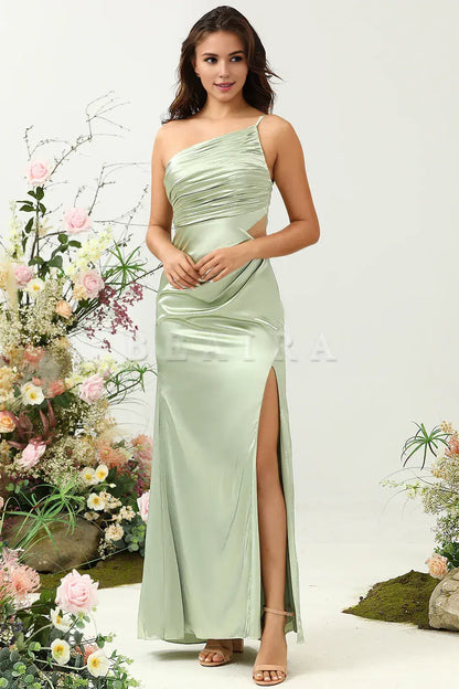 Beaira Sage A Line One Shoulder Bright Satin Bridesmaid Dress with Slit Bridesmaid dress shop