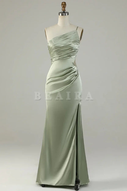 Beaira Sage A Line One Shoulder Bright Satin Bridesmaid Dress with Slit Bridesmaid dress shop