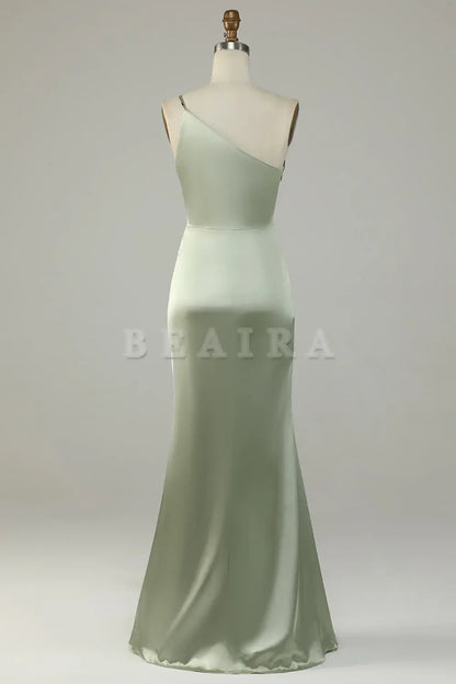 Beaira Sage A Line One Shoulder Bright Satin Bridesmaid Dress with Slit Bridesmaid dress shop