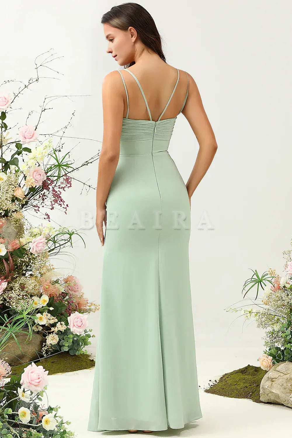 Beaira Sage Green Mermaid Draped Spaghetti Straps Chiffon Bridesmaid Dress Bridesmaid dress shop