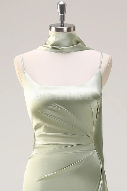 Beaira Sage Sheath Spaghetti Straps Streamer Long Satin Bridesmaid Dress with Slit Bridesmaid dress shop