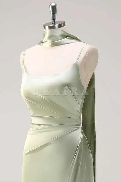 Beaira Sage Sheath Spaghetti Straps Streamer Long Satin Bridesmaid Dress with Slit Bridesmaid dress shop