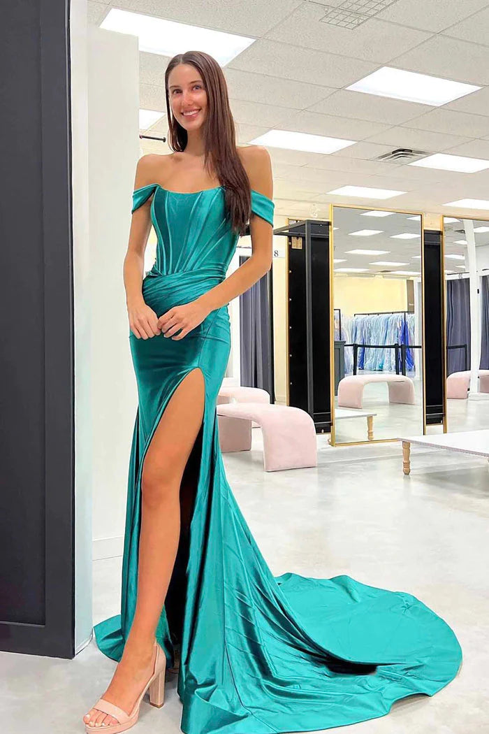 Satin Prom Dresses Mermaid Off The Shoulder With Slit