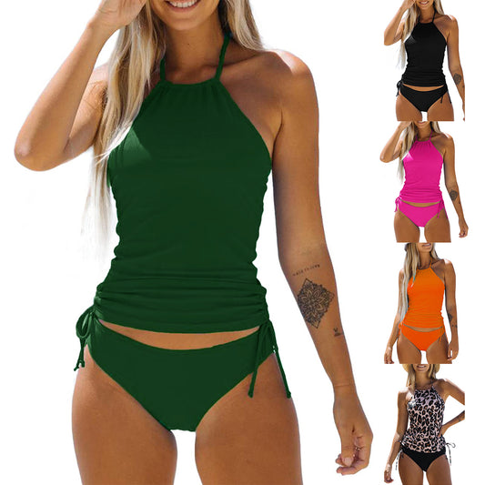 Beaira Women's 2 Piece Outfits Swimwear Bikini Set Coquette Sexy Halter Sleeveless Backless Crop Tops Solid Color Panties
