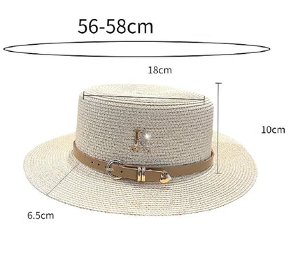 Beaira Summer Flat Top Straw Hats for Women New Metal R Letter Fashion Beach Sunshade Visors Sun Hat Females Travel Holidays Boater Hat