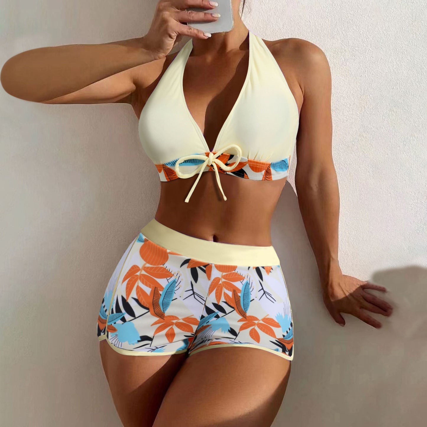 Beaira Shorts Bikinis Set High Waist Swimsuit Women Swimwear 2 Pieces Plant Print Bathers Bathing Swim Suit Beachwear