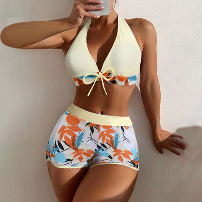 Beaira Shorts Bikinis Set High Waist Swimsuit Women Swimwear 2 Pieces Plant Print Bathers Bathing Swim Suit Beachwear