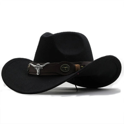 Beaira Western Cowboy Hat 4 Sizes Black Woolen Jazz Top Hat Men Ethnic Style Cow Head Ribbon Felt Cap Women Children Riding Fedora Hat