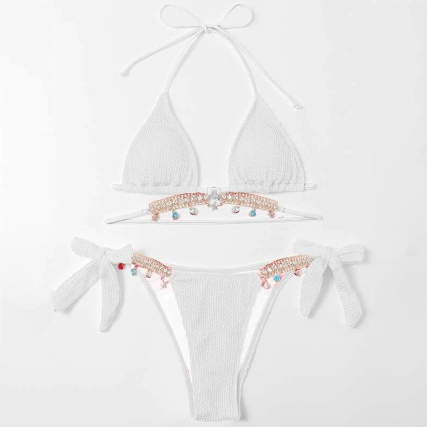 Beaira Sexy Luxury Bikini Women Crystal Rhinestones Push Up Micro Swimsuit Neon Yellow Metal Chain Diamond High Cut Thong Swimwear
