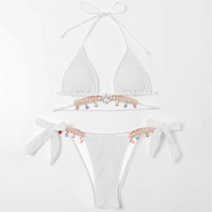 Beaira Sexy Luxury Bikini Women Crystal Rhinestones Push Up Micro Swimsuit Neon Yellow Metal Chain Diamond High Cut Thong Swimwear