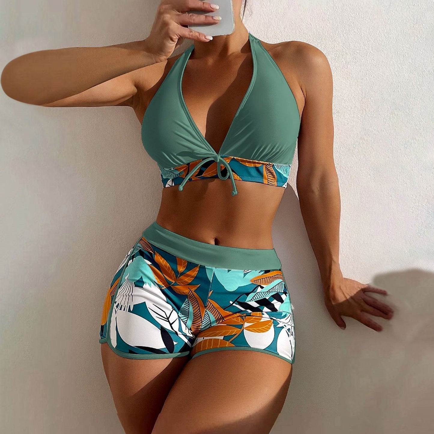 Beaira Shorts Bikinis Set High Waist Swimsuit Women Swimwear 2 Pieces Plant Print Bathers Bathing Swim Suit Beachwear