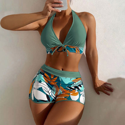 Beaira Shorts Bikinis Set High Waist Swimsuit Women Swimwear 2 Pieces Plant Print Bathers Bathing Swim Suit Beachwear