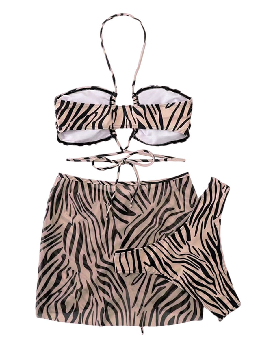 Beaira Women s Summer 3PCS Bikini Sets Sleeveless Hanging Neck Tie Up Bra Leopard Print Thong Skirt