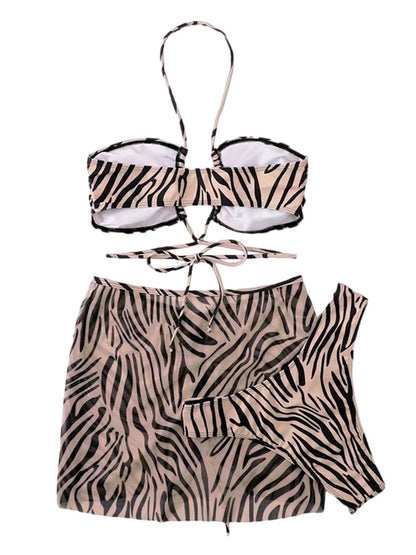 Beaira Women s Summer 3PCS Bikini Sets Sleeveless Hanging Neck Tie Up Bra Leopard Print Thong Skirt